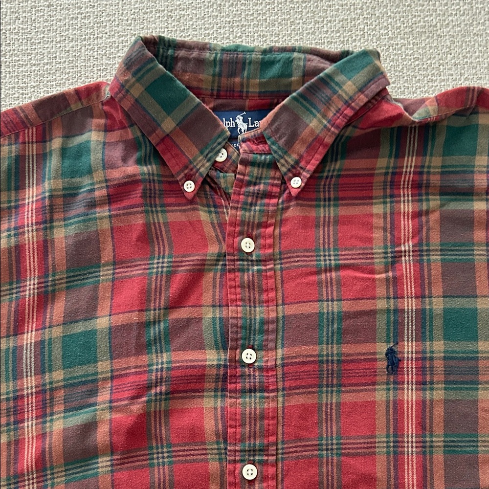 Polo by Ralph Lauren Red and Green Plaid Cotton Button-Down Shirt